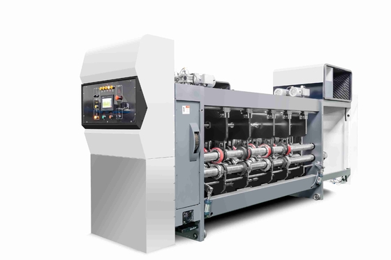 White Color G6-1224 All Comupter Controled Pressure Free Feed Structure Lead Edge Vacuum Transfer 4 Color Printer + Slotter + Die Cutter + Vibrator +  Stacker