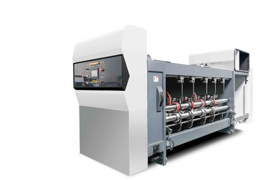 White Color G6-1224 Corrugated Cardboard Pressure Free Feed Structure Lead Edge Vacuum Transfer 4 Color Printer + Slotter + Die Cutter + Vibrator +  Stacker